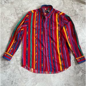 VINTAGE 90s WRANGLER SHIRT MENS 18-36 BUTTON UP AZTEC RED YELLOW BLUE WESTERN